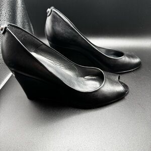 Stuart Weitzman Leather Peep Toe Wedge Black Size 9.5